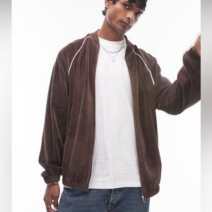 TOPMAN oversized fit velour full zip bomber track jacket in brown ASOS M MEDIUM
